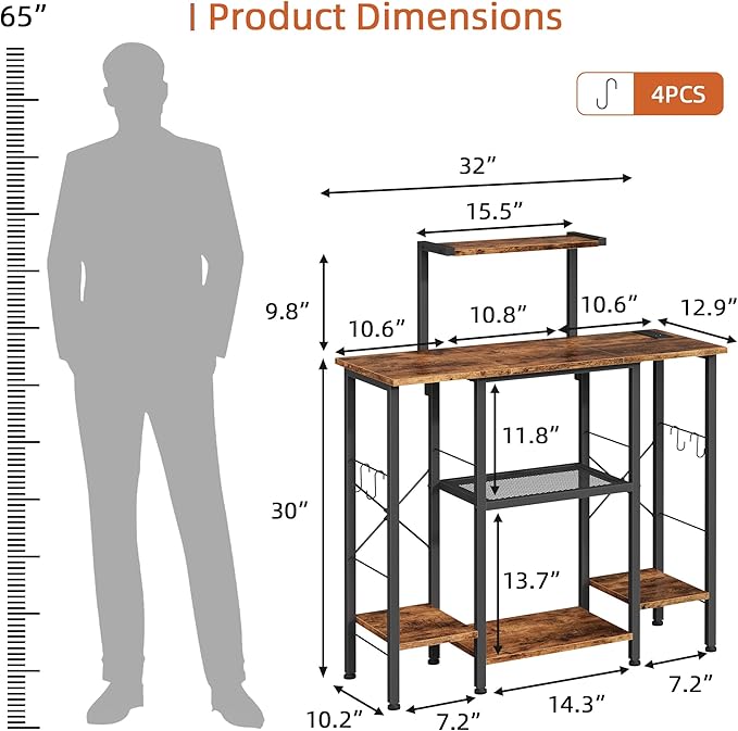 Bakers Rack with Power Outlet, Coffee Bar with 4 Hooks, 6 Tiers Microwave Stand with Storage, Freestanding Kitchen Appliance Organizer for Spices, Pots, Rustic Brown, 32" W