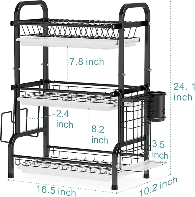 Dish Drying Rack - Warmfill 3 Tier Dish Rack Rustproof Stainless Steel Large Capacity with Utensil Holder, Cutting Board Holder and Dish Drain Rack for Kitchen Counter,Black