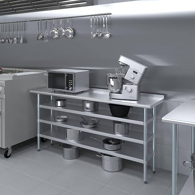 AmGood Stainless Steel Work Table with 1.5" Backsplash and 3 Shelves | Metal Kitchen Food Prep Table | NSF (72" Long x 18" Deep)