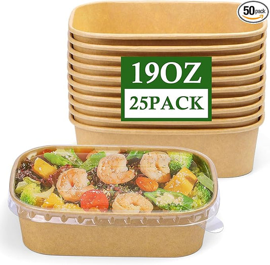25 Pack 19 oz Paper Bowls, Disposable Food Containers with Lids, Rectangular Disposable Bowls with Lids, Disposable Salad Bowls for Diet Salad, Ice Cream, Yogurt, Party Food