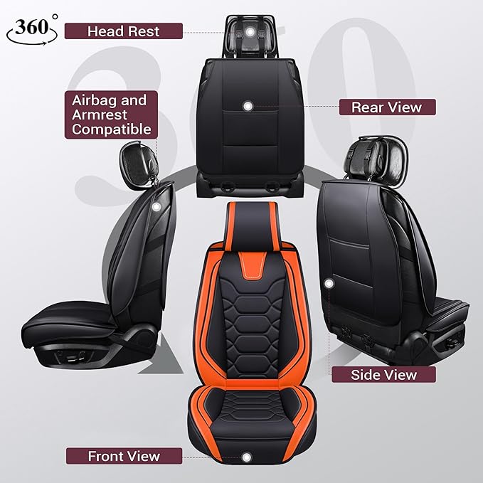 OASIS AUTO Car Seat Covers Full Set, Sporty Faux Leather with Honeycomb Pattern, Waterproof Universal Fit for SUV, Sedan, Pick-up Truck, Automotive Interior Accessories (OS-004 Black&Orange)