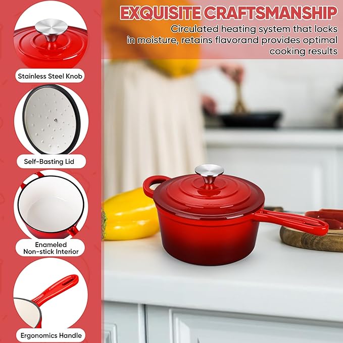TeamFar 3QT Enameled Cast Iron Sauce Pan, Small Sauce Pot with Lid, Mini Dutch Oven Saucepan for Cooking/Simmering/Baking/Boiling, Sturdy & Nonstick, Oven Safe & Fit for Induction-Red