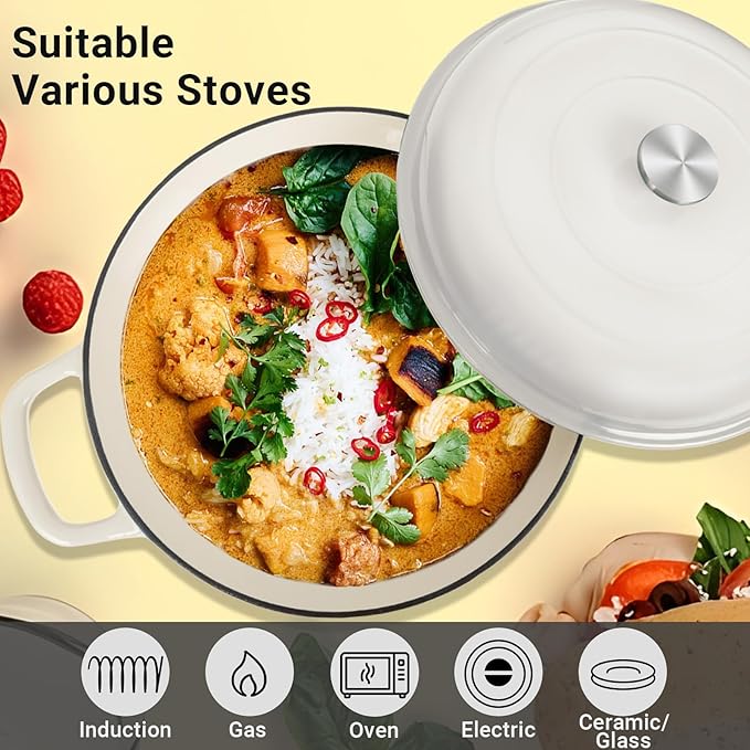 Enameled Cast Iron Dutch Oven, 3.8 Quart Pot With Lid, Non-Stick, Round, Oven Safe up to 500F for Marinate, Cook, Bake, Refrigerate and Serve - Cream White