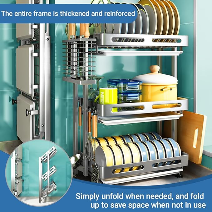 Stainless Steel Kitchen Dish Drying Rack with Drain Board Wall-mounted and Freestanding Countertop Dish Storage Rack Over Sink for Countertop Storage(Gray,Wall-mounted Three layers)