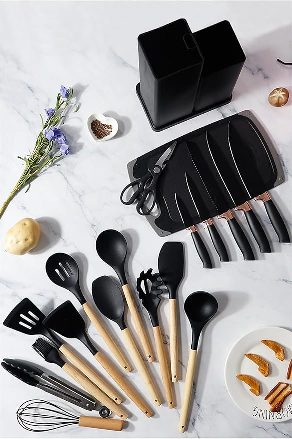 19 Pieces Kitchen Utensils and Knife Set with Block, Inldued 9 Pieces Silicone Cooking Utensils Set 5 Pieces Sharp Stainless Steel Chef Knives Scissors Whisk Tongs and Cutting Board (BEIGE)