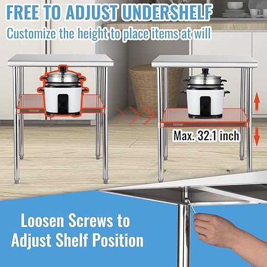 VEVOR Stainless Steel Prep Table, 30 x 30 x 36 Inch, 800lbs Load Capacity Heavy Duty Metal Worktable with Adjustable Undershelf & Feet, Commercial Workstation for Kitchen Garage Restaurant Backyard