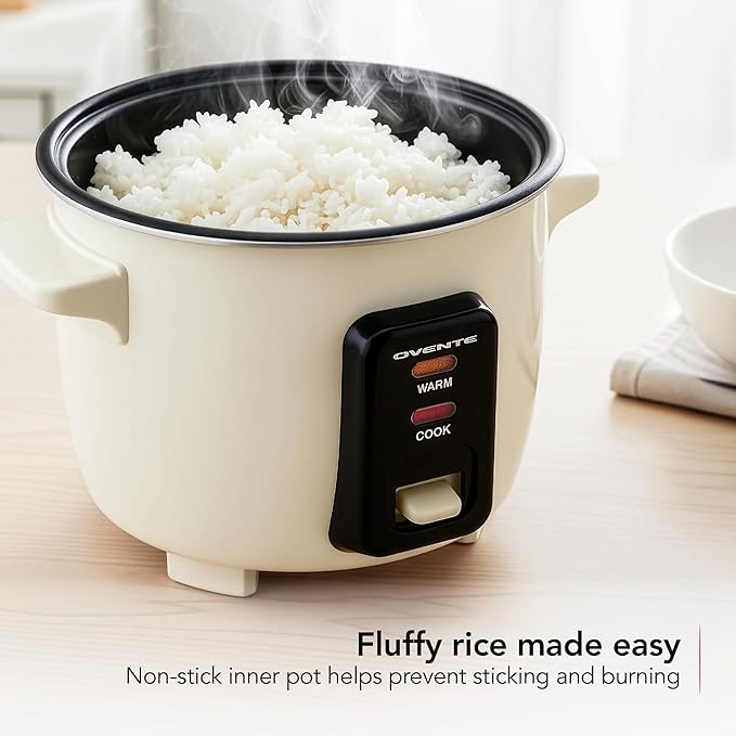 OVENTE Electric Rice Cooker 4-Cups (Cooked) with Removable Nonstick Pot, Keep Warm Function, Cooks Grain, Oatmeal and Makes Soups, Stews or Hot Cereals, Includes Measuring Cup and Spatula, Cream RC04C