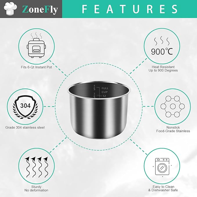 6Qt Power Cooker XL Replacement Inner Pot Stainless Steel Compatible with 6 Quart Power Pressure Cooker PPC770 PPC771 PPC770-1 PRO PCXL-PRO6 YBD60-100 WAL1 WAL2 Stainless Steel Inner Pot Parts - 6 QT
