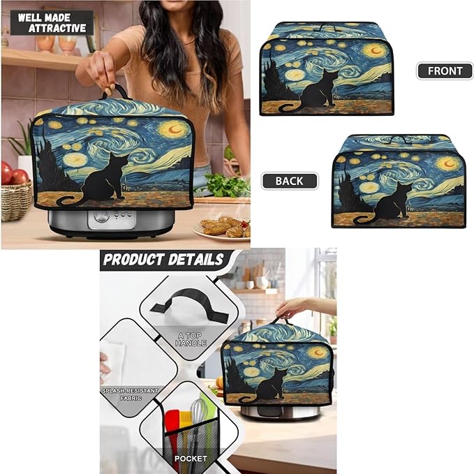 Starry Night Cat Decoration Slow Cooker Cover Toaster Cover Blender Covers Set,Fit 6-8 qt Slow Cooker Bread Machine Dust Cover Fits for Most Standard 2 Slice Toasters,Machine Washable(Blue)