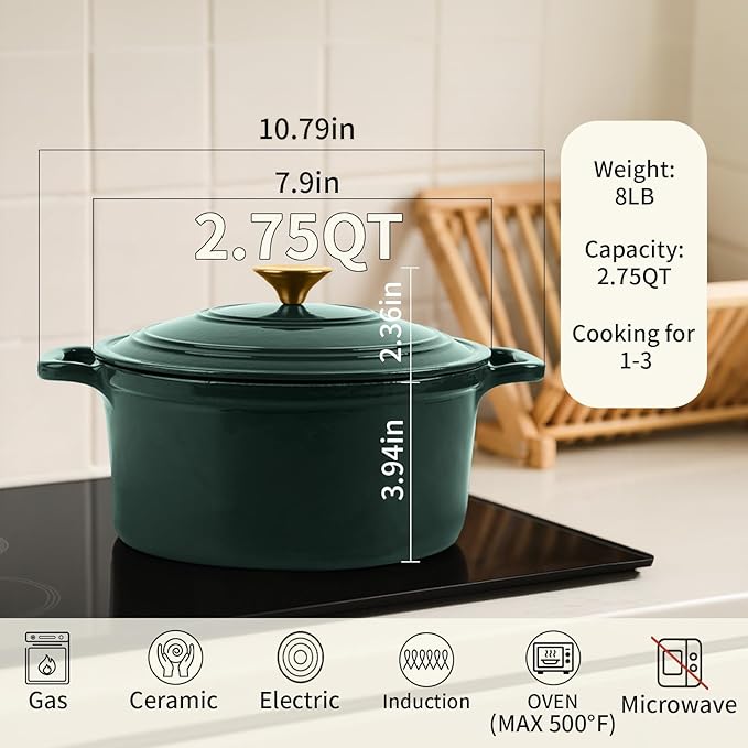 Enamel Cast Iron Dutch Oven with Lid,2.75QT Round Casserole Pot for Bread Baking, Braising,Roasting,Stews and Soups,Multipurpose Cookware,Oven Safe and Induction Compatible (2.75QT, Green)