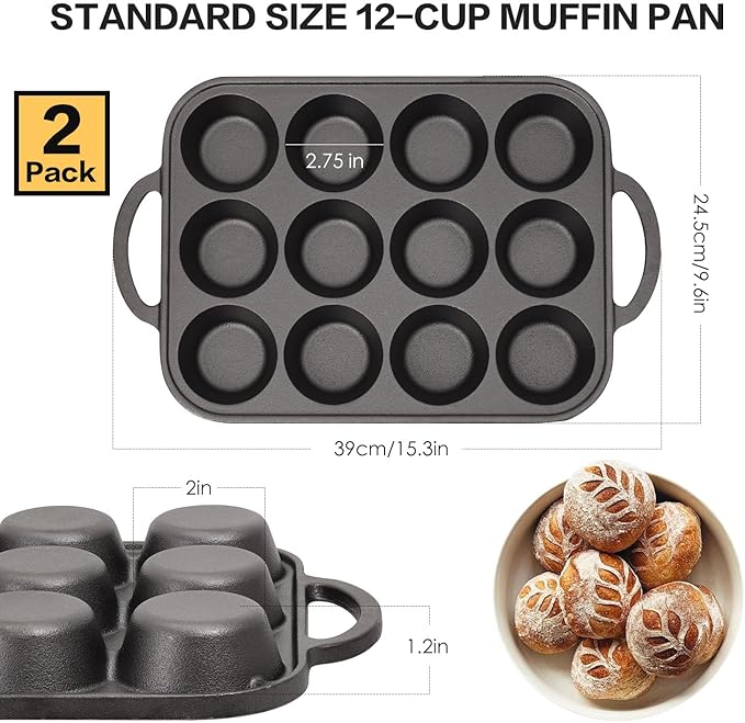 2pack Cast Iron Muffin Pans for Baking 12 Cup Regular Size Cupcake Pan with Handle Pre-Seasoned Muffin Pans Molds