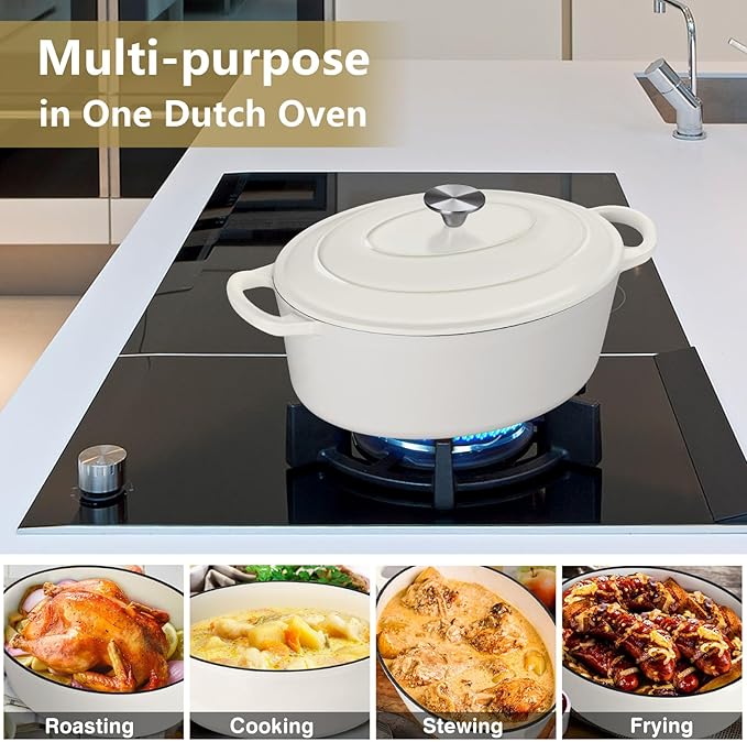 P&P CHEF Oval Dutch Oven with Lid, Enameled Cast Dutch Oven Pot for Bread Baking, Braising, Stewing, Roasting, Non-Stick & Oven Safe, Dual Handles & Easy Clean, 5QT & White, Valentine's Day