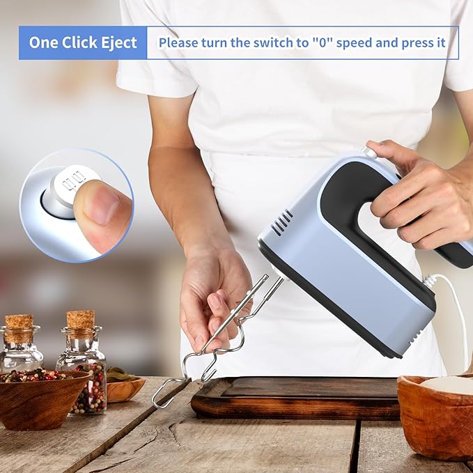 9-Speed Digital Hand Mixer Electric, 400W Powerful DC Motor, Hand Mixer Electric Handheld with Snap-On Storage Case, 5 Stainless Steel Accessories, Beaters, Dough Hooks, Whisk(Ocean Blue)