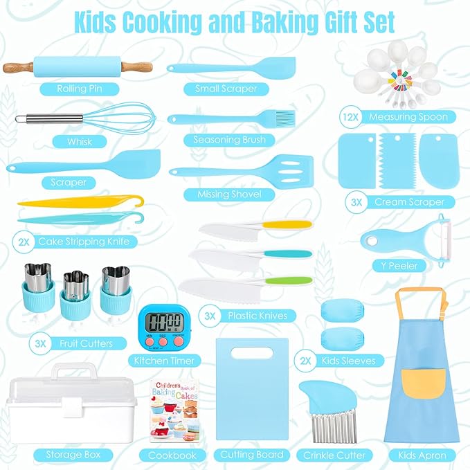 37PCS Kids Cooking Sets Real, Kids Cooking and Baking Gift Set with Storage Case Timer Kid Safe Knives Cutting Board, Toddler Real Kitchen Accessories, Birthday Gifts for Girls Boys Age 3 - 8