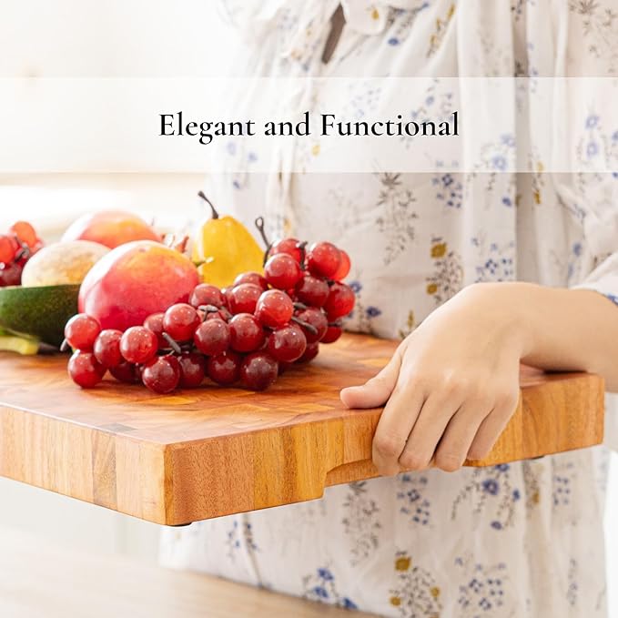 SHUMARU Mahogany End-Grain Wood Cutting Board – 20×13×1.6″ Butcher Block | Handmade in Bali – Silky-Smooth, Knife‑Friendly, Ergonomic Grips & Non‑Slip Feet