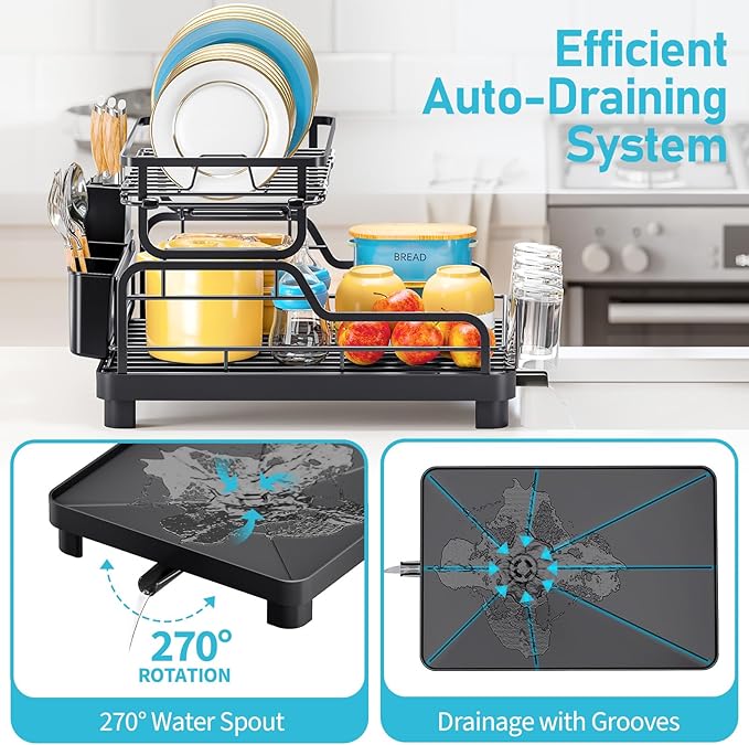 TOOLF Dish Drying Rack,2 Tier Dish Drying Rack with Large Drainboard,Dish Racks for Kitchen Counter and Sink,Stainless Steel Dish Drainers with Cup ＆ Utensil Holders,Black