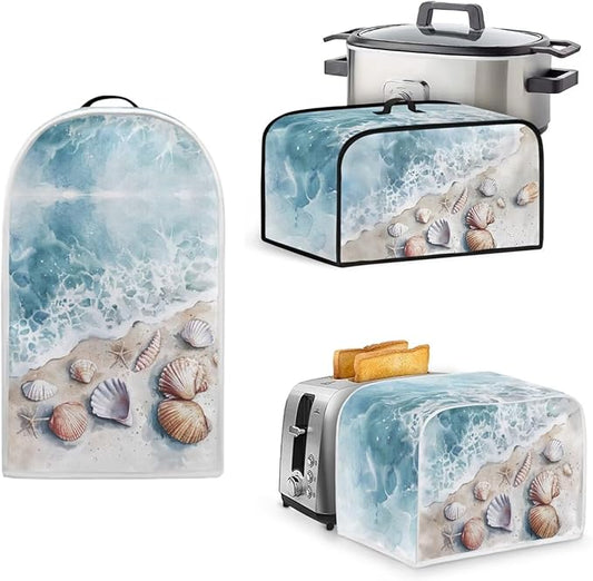 Beach Shell Kitchen Appliance Cover Set,Universal Size Blender Cover, Slow Cooker Cover and Toaster Cover 4 Slice, Waffles Maker Oven Dust Women Summer Decorations