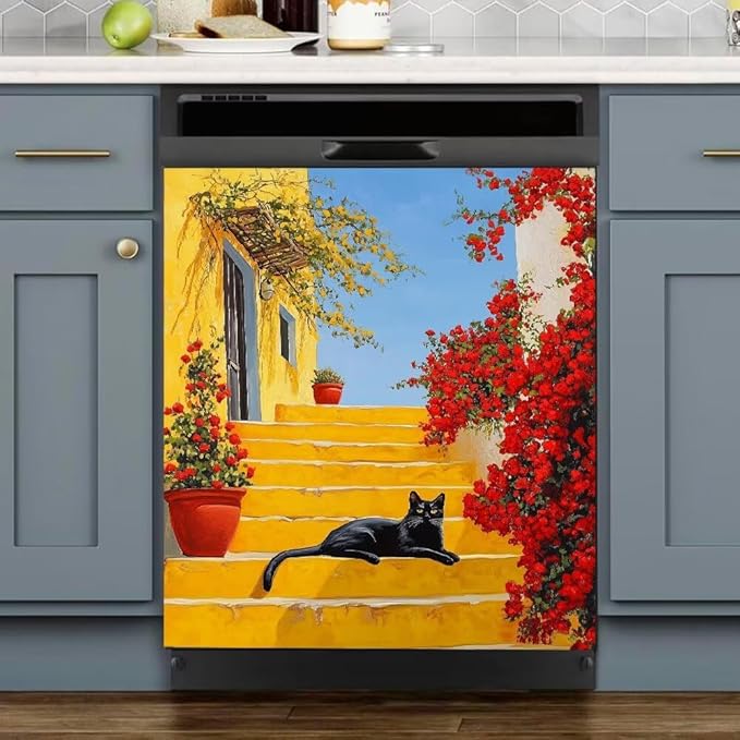 Black Cat Dishwasher Magnet Cover, Mediterranean Yellow Stairs Refrigerator Magnetic Vinyl Sticker for Dishwasher Door, Flowers Decorative Kitchen Appliance Panel Decal, 23Wx26H Inches