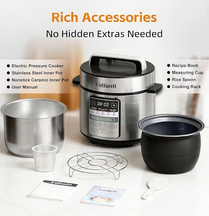 Fullwill Dual-Pot Electric Pressure Cooker, 12-in-1 Multi-Cooker with 6QT Stainless Steel & 5QT Ceramic Pot, for Pressure Cook, Slow Cook, Yogurt & More