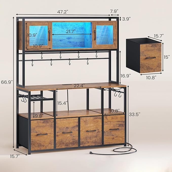 Itaar Bakers Rack with Power Outlet and LED Light, 47.2'' Microwave Stand with Storage, Kitchen Coffee Bar Cabinet with Glass Door, 4 Drawer, Wine Rack, Goblet Holder and 12 Hooks, Rustic Brown