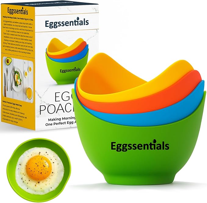 Eggssentials - Poached Egg Cups - Pack of 4 - BPA Free Silicone Egg Poacher Cups - Nonstick Poached Egg Cooker for Microwave, Stovetop, Baking ?€? Easy to Clean Poaching Pods for Perfect Eggs