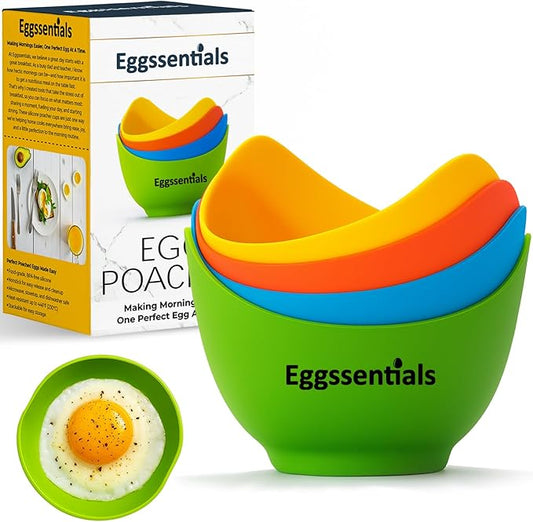 Eggssentials - Poached Egg Cups - Pack of 4 - BPA Free Silicone Egg Poacher Cups - Nonstick Poached Egg Cooker for Microwave, Stovetop, Baking ?€? Easy to Clean Poaching Pods for Perfect Eggs