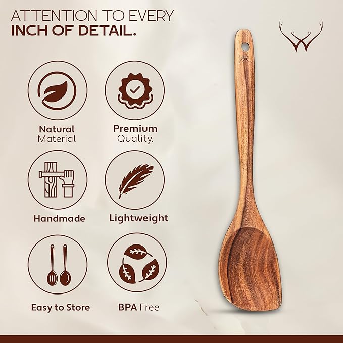 CORNER Teak Wooden Spoon for Cooking With Teak Spoon Rest - Made of Premium Natural Teak Wood