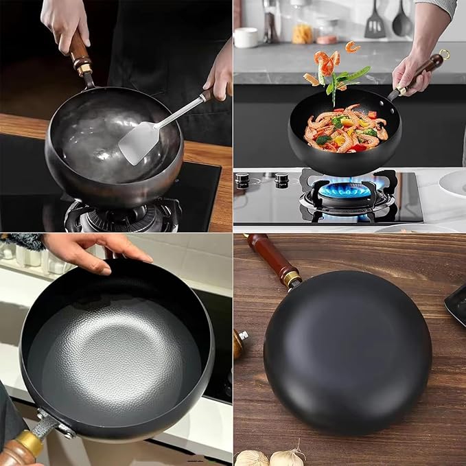 Uncoated Thick Iron Pot, Japanese Iron Pots for Cooking, Uncoating Cast Iron Pot, Hand Forged Iron Pan with Lid Stir Fry Wok Skillet, High Purity Frying Pans for Home Kitchen (Wooden Lid, 9.5in)