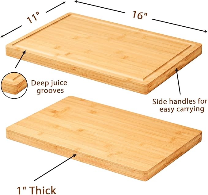 Bamboo Wood Cutting Boards for Kitchen, 1" Thick Charcuterie Boards, Butcher Block with Juice Grooves & Handles