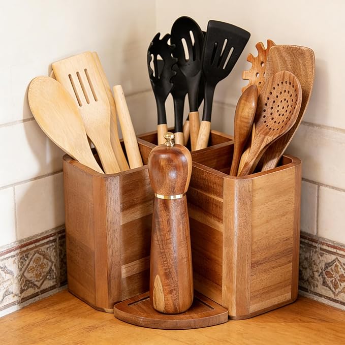 Large Kitchen Utensils Holder with 3 Compartments,Corner Utensil Caddy for Countertop,Acacia Wooden Utensil Organizer for Kitchen Countertop, Farmhouse Decor