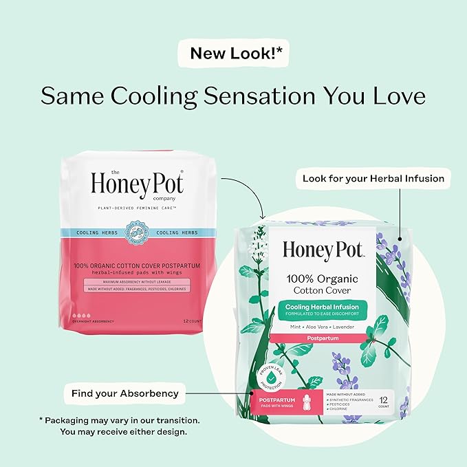 The Honey Pot Company - Herbal Postpartum Pads w/Wings - Infused w/Essential Oils for Cooling Effect, Organic Cotton Cover, & Ultra-Absorbent - Feminine Care - 12ct