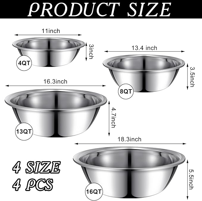 Set of 4 Large Mixing Bowls Set Stainless Steel 4, 8, 13 and 16 Quart Oversized Extra Large Steel Mixing Bowl for Home Commercial Cooking, Baking Serving, Food Prep and Salad Prep