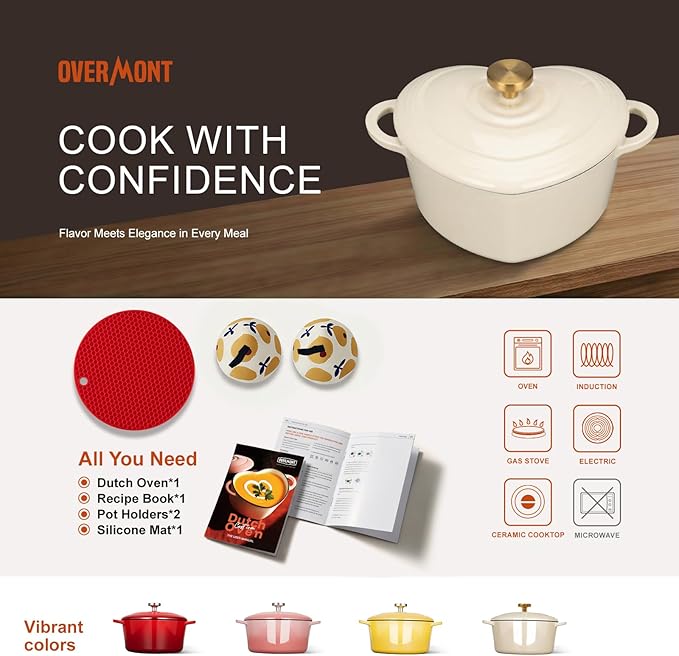 Overmont Enameled Cast Iron Dutch Oven - Heart-Shaped Pot with Lid Cookbook & Cotton Pot Holders - Mini Cookware Oven Safe to 500°F for Bread Baking Soups Stews - Great Gift for Wedding Birthday Housewarming 2QT White