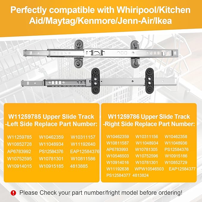 W11259785 W11259786 Dishwasher Rack Slide Track Replacement, Left & Right Dishwasher Upper Dishrack Slide Track Compatible with Whirlpool, KitchenAid, Kenmore, Maytag Dishwashers