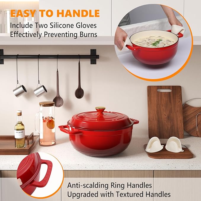 ROVSUN Enameled Cast Iron Round Dutch Oven, 7.5QT Pot with Lid &Dual Handles with Silicone Gloves,Oven Safe up to 500°F, Heavy-Duty Pre-Seasoned Cookware for Bread Baking, Braising, Stews, Roasting,Red