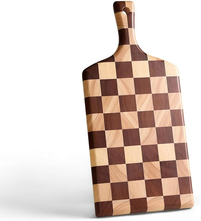 Checkered Rectangular Cutting Board with Handle for Kitchen, 15"L x 7"W x 1" Thick – Wooden Chopping & Charcuterie Serving Board in Acacia Wood for Meat, Bread, Fruit & Vegetables