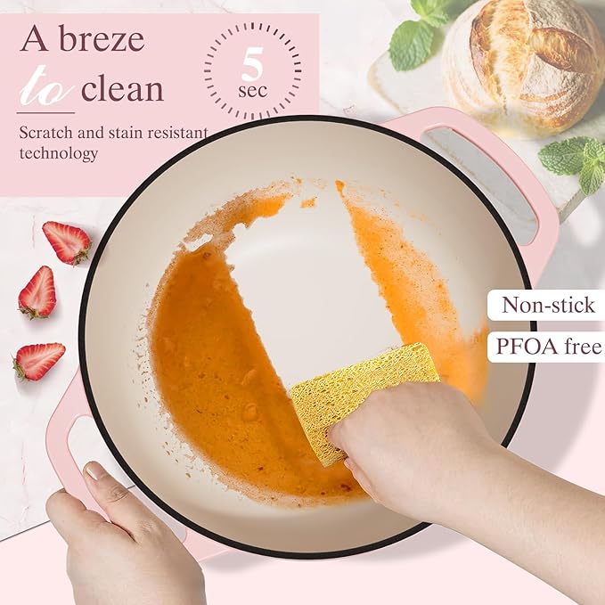 Umite Chef 6QT Enameled Cast Iron Dutch Oven with Lid, Versatile Heavy-Duty Cookware Pot for Baking Bread, Braising, Soups & Stews, Oven & Stovetop Safe with Heat Resistant Gloves(Pink)