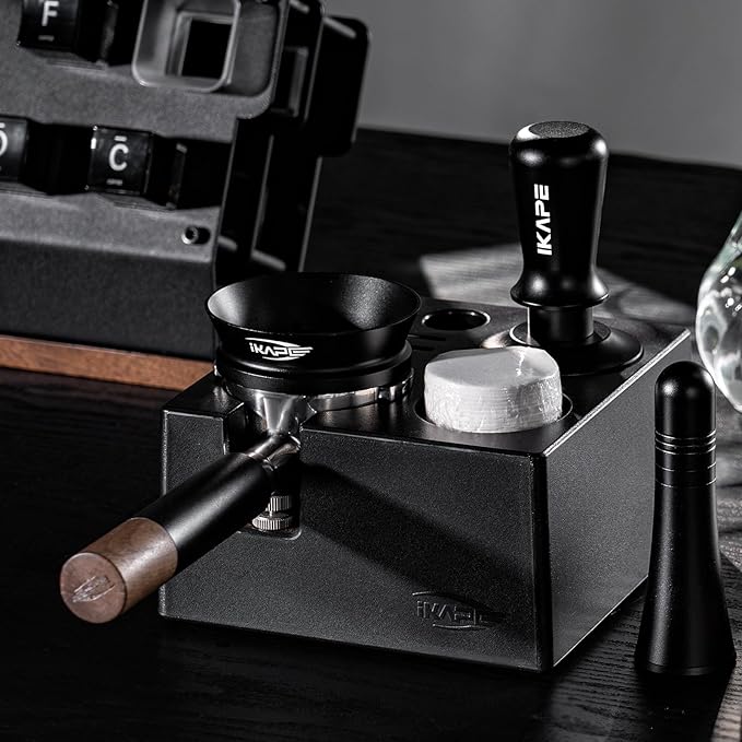 IKAPE 51mm Espresso Tamper Kit 4 in 1 Black, Complete Portafilter accessory set, Coffee Tamper, WDT Tool, Paper Filters (200pc), Dosing Funnel for 51 mm Portafilters