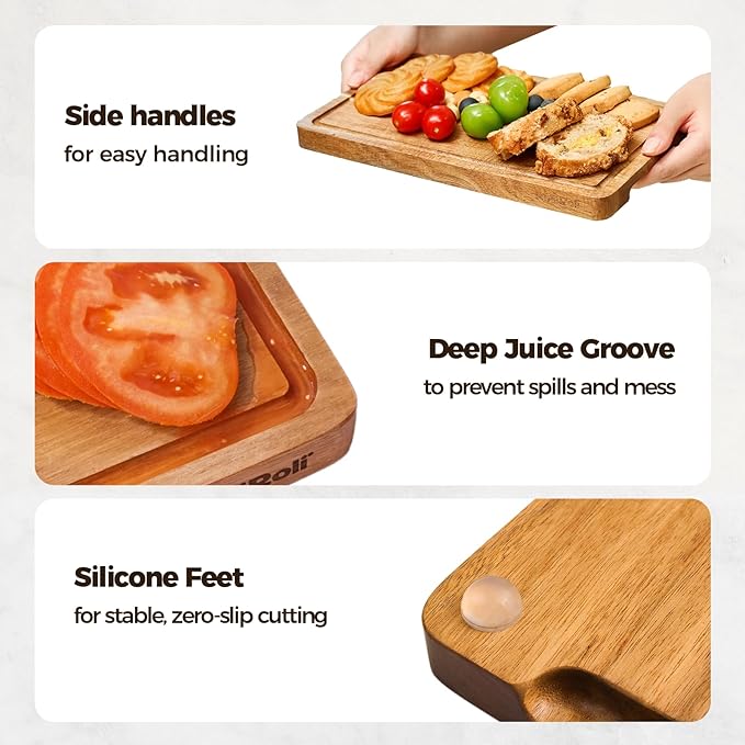 Small Acacia Wood Cutting Board for Kitchen - 11.5"x7" Compact Tablet-Sized Chopping Board, Mini Charcuterie, Steak & Brunch Serving Tray with Juice Grooves & Handles, Ideal Gift for Foodies