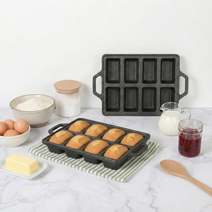2pack Cast Iron Mini Loaf Pans 8-Cavity Bread Loaf Pans Pre-Seasoned Baking Pan Molds with Handle Bread Pans for Homemade Bread