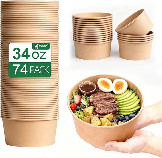 74 Pk Disposable Paper Round Bowls【No Lid】 34 oz, Microwave Deli Containers Leakproof, Salad Dressing Container for Lunch, Sturdy for Soup Toppings Snack Camping Family