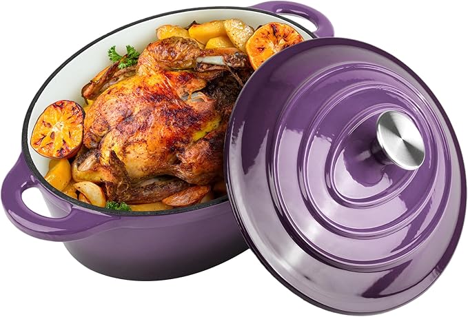 5.5 Quart Oval Enameled Cast Iron Dutch Oven Pot with Lid, Oven Safe up to 550° F & Dishwasher Safe, Sturdy Dutch Oven Cookware (Purple, 5.5 QT)
