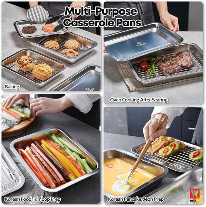Stainless Steel Food Prep Container with Rack & Lid (Tray), 4.54Quarts, Catering Pans, Restaurant Pans, Buffet Party pan, Roasting Pan with Rack, Bakeware Roaster, Casserole (1307 / No7)