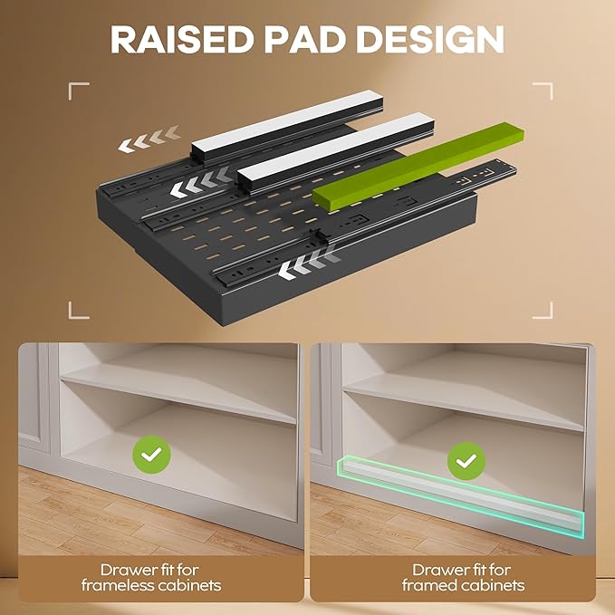 4 Pack Pull Out Cabinet Organizer 21" Deep with Raising Pad for Framed Cabinets, Expandable (9"-14" W) Slide Out Drawers for Kitchen Cabinets with 4pcs Divider Racks, Roll Out Shelves, Black