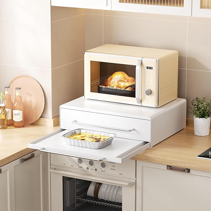 DTK Microwave Stand with Pull-Out Drawer & Tray, Kitchen Storage Drawers Countertop for Compact Microwave, Coffee Station & Kitchen Appliance, Microwave Riser with Storage, White(Stand+Drawer+Tray)