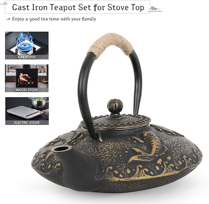 Ufine Koi Fish Cast Iron Teapot Set Stove Top Tea Kettle with 4 Cups Japanese Style Tetsubin Tea Gift Set, 26 oz with Stainless Steel Infuser