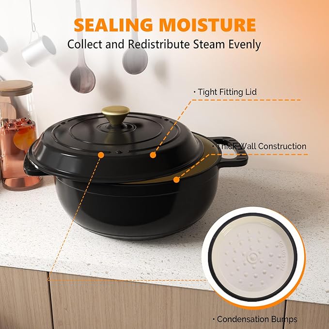 ROVSUN Enameled Cast Iron Round Dutch Oven, 7.5QT Pot with Lid &Dual Handles with Silicone Gloves,Oven Safe up to 500°F, Heavy-Duty Pre-Seasoned Cookware for Bread Baking, Braising, Stews, Roasting,Black