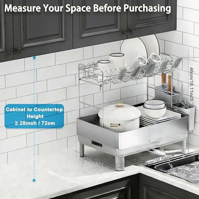 Ewaiira Dish Drying Rack, 2 Tier Large Dish Rack, Stainless Steel Dish Drainer for Kitchen Counter, Dishes Rack with Automatic Drainage, Utensil Holder&Cups Holder,Space Saving Kitchen Organizer,Gray