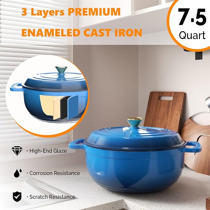 ROVSUN Enameled Cast Iron Round Dutch Oven, 7.5QT Pot with Lid &Dual Handles with Silicone Gloves,Oven Safe up to 500°F, Heavy-Duty Pre-Seasoned Cookware for Bread Baking, Braising, Stews, Roasting,Blue