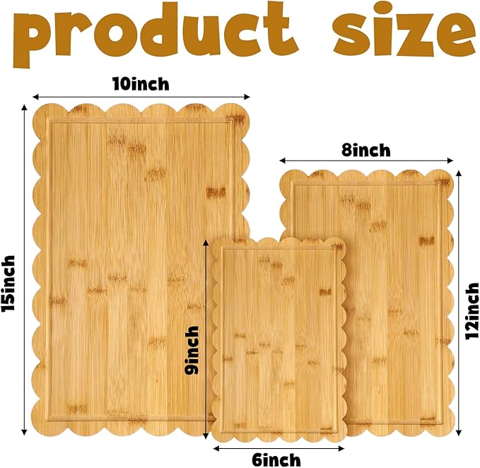 3 Pcs Bamboo Wood Scalloped Cutting Boards for Kitchen with Juice Groove Blank Wood Charcuterie Tray for Snack Cheese Appetizers Grazing Platter Engraving Gift Crafts Rustic Wall